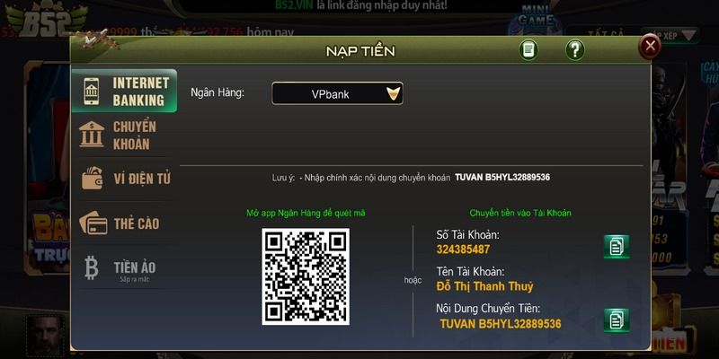 Hướng dẫn nạp tiền B52 Club theo các phương thức